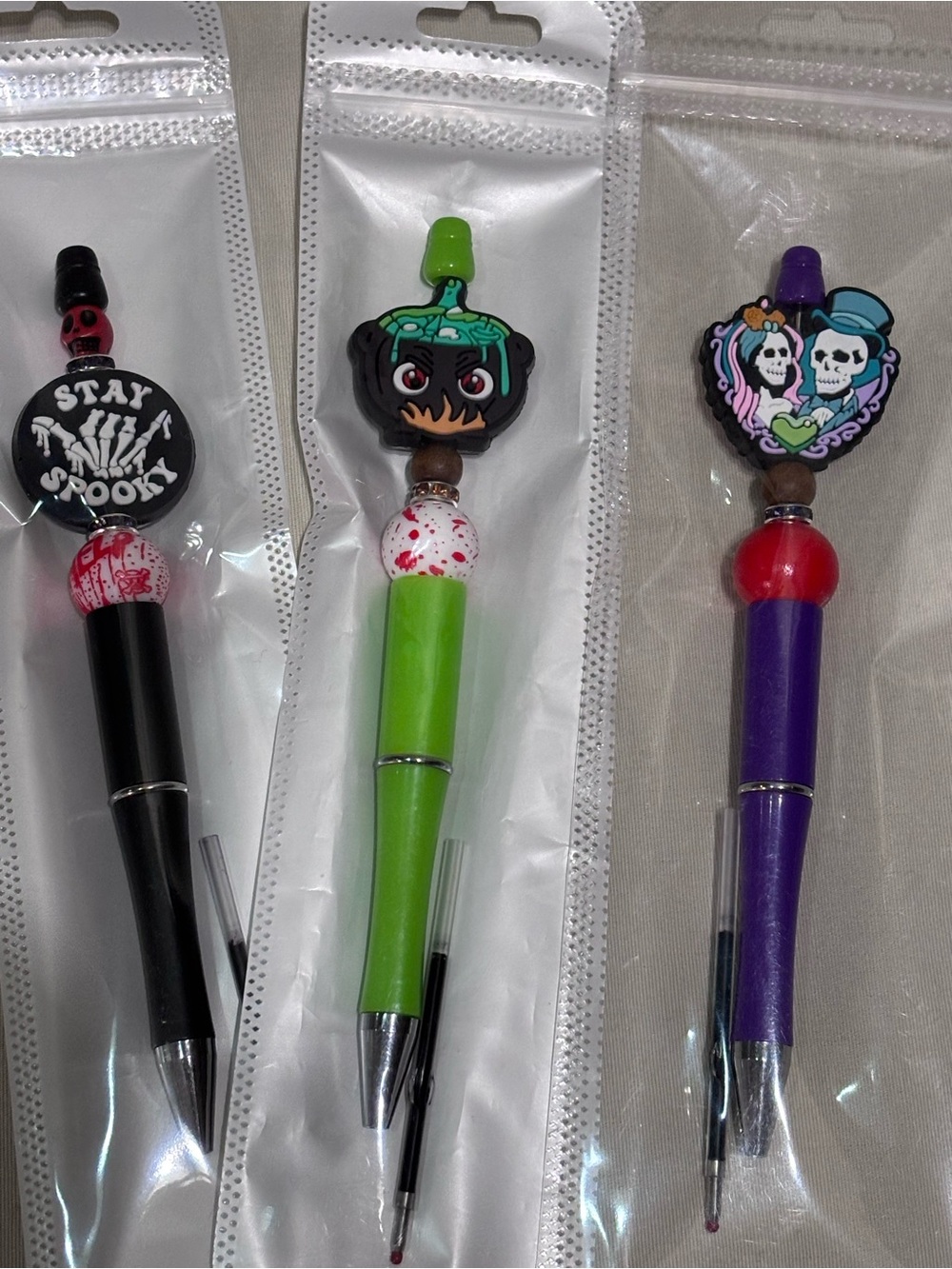 Halloween beaded pen set cauldron spooky skeleton couple